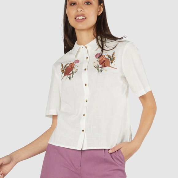 Princess Highway Tops - NWOT Princess Highway Quokka Embroidered Blouse